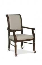 Fairfield's Delano Traditional Wood Upholstered Dining Chair with Arms and Casters in Brown