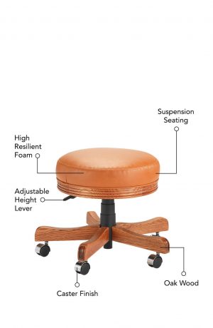 Featuring suspension seating, high resilient foam, adjustable height lever, oak wood frame, and caster finish.