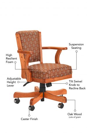 Featuring suspension seating, high resilient foam, adjustable height lever, tilt swivel knob to recline back, oak grain wood frame with lots of grain, and caster finish.