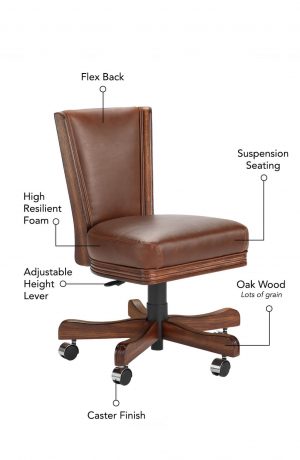 Featuring flex back, suspension seating, high resilient foam, adjustable height lever, oak grain wood frame with lots of grain, and caster finish.
