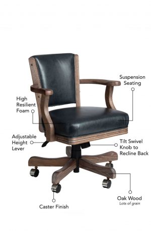 Featuring suspension seating, high resilient foam, adjustable height lever, tilt swivel knob to recline back, oak grain wood frame with lots of grain, and caster finish.