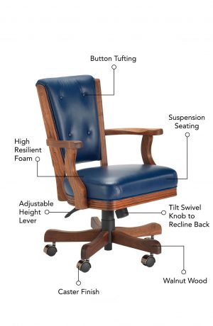 Featuring suspension seating, high resilient foam, adjustable height lever, tilt swivel knob to recline back, oak grain wood frame with lots of grain, button-tufting on back, and caster finish.