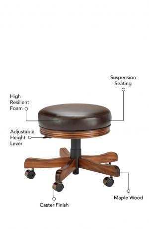 Featuring suspension seating, high resilient foam, adjustable height lever, maple wood frame, and caster finish.