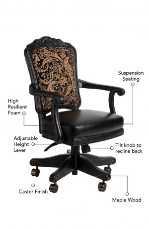 Featuring high resilient foam, suspension seating, adjustable height lever, tilt knob to recline back, caster finish and maple wood.