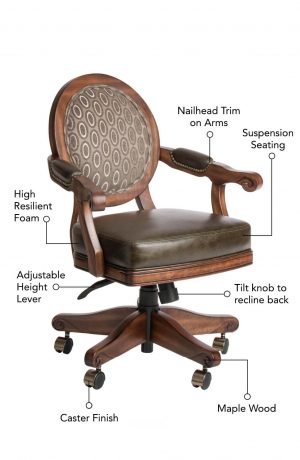 Featuring high resilient foam, suspension seating, adjustable height lever, tilt knob to recline back, caster finish, nailhead trim on padded arms, and maple wood.