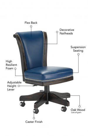 Featuring flex back, suspension seating, high resilient foam, adjustable height lever, oak wood finish, nailhead trim on back and seat cushion, and casters or wheels on feet.