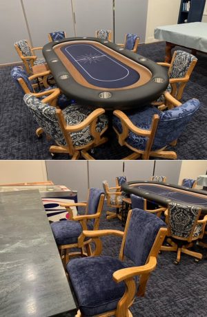 Darafeev's 610 Oak Adjustable Swivel Game Chairs in Honey Wood and Blue Fabric in Game Room