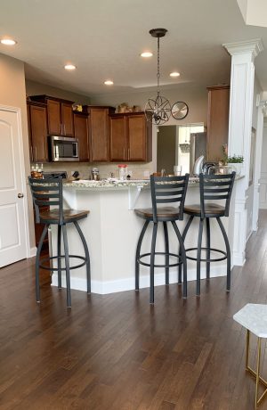 Holland's Jackie #410 Swivel Extra-Tall Bar Stool in Black Wrinkle Metal and Oak Dark Wood Seat - in Traditional Kitchen