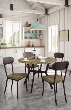 Amisco's Bean Dining Chairs with Distressed Wood Seat in Farmhouse Dining Room