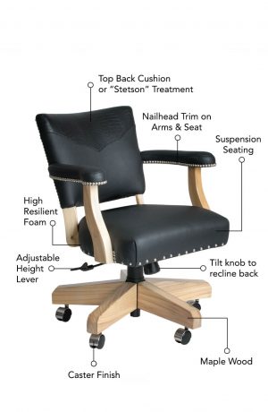Featuring high resilient foam, suspension seating, adjustable height lever, tilt knob to recline back, caster finish, maple wood, and nailhead trim outlining the arms and seat.