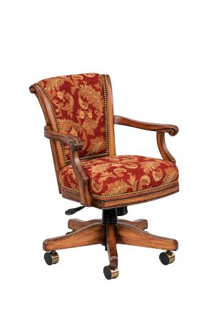 Luxury Maple Wood Caster Arm Chair with Red Fabric - Nailhead Trim - Classic Darafeev