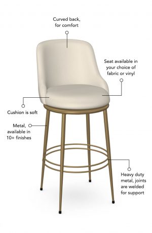 Soft seat and back cushion is available in fabric or vinyl, and the metal is welded at the joints for support. This bar stool is custom made for you!