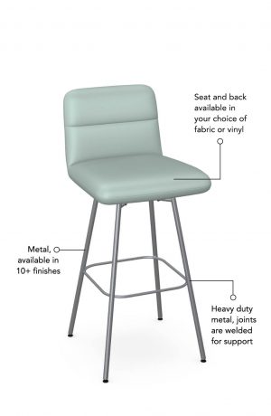 Seat and back cushion is available in fabric or vinyl and the metal is welded at the joints for support. This bar stool is custom made for you!