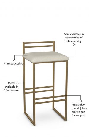 Seat cushion is available in fabric or vinyl and the metal is welded at the joints for support. This bar stool is custom made for you!