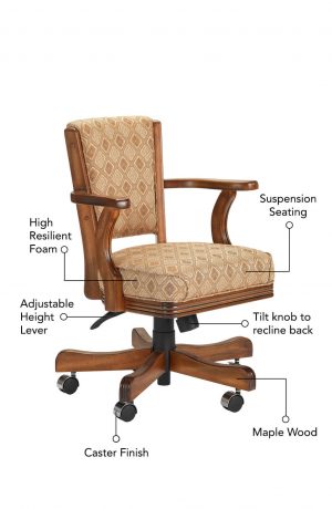 Featuring high resilient foam, suspension seating, adjustable height lever, tilt knob to recline back, caster finish, maple wood frame, and arms.