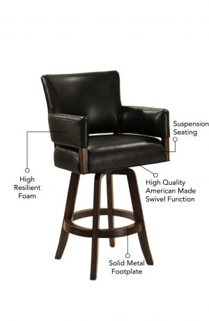Features suspension seating, high resilient foam, high quality American made swivel function, and solid metal footplate.