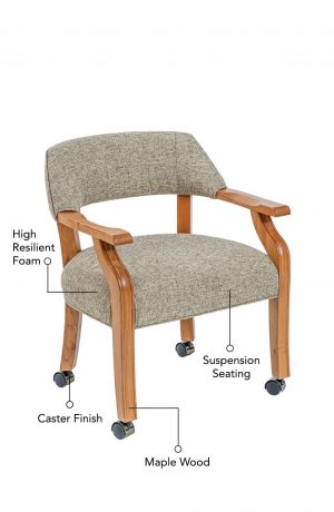 Featuring high resilient foam, suspension seating, maple wood frame, and caster finish.