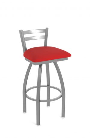 Holland's Jackie Stainless Steel Swivel Bar Stool with Low Back and Canter Red Vinyl Seat Cushion