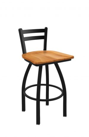 Holland's Jackie Swivel Stool with Low Back in Black Wrinkle and Medium Maple Wood Seat