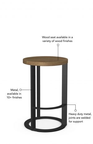 Wood seat is available in a variety of wood finishes and the metal has joints that are welded for support. This bar stool is custom made for you!
