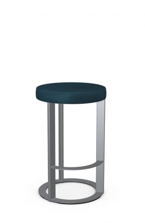 Amisco's Allegro Silver Backless Bar Stool with Blue Seat Cushion