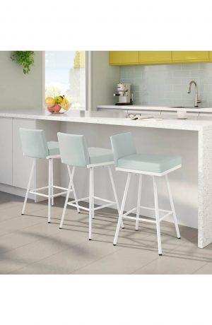 Amisco's Linea Modern White Counter Stools with Blue Green Cushion in Modern Kitchen