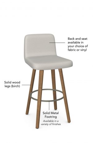 Features back and seat cushion in your choice of fabric or vinyl, solid wood birch base, and solid metal footring.