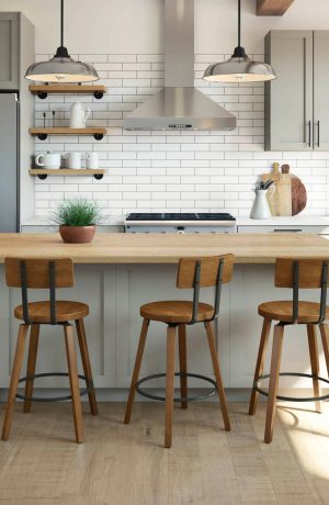 Amisco's Esteban Wood Metal Bar Stools with Low Back in Modern Kitchen