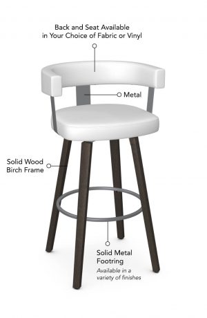 Back and seat available in your choice of fabric or vinyl, metal accents, solid wood birch frame, and solid metal footring.