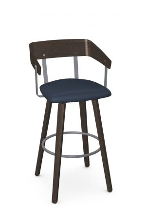 Amisco's Zao Dark Brown Wood Swivel Bar Stool with Silver Metal Accents and Blue Seat Cushion