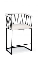 Wesley Allen's Ludwig Modern Unique Bar Stool with Arms, Padded Seat, and in Black Metal with White Seat Cushion