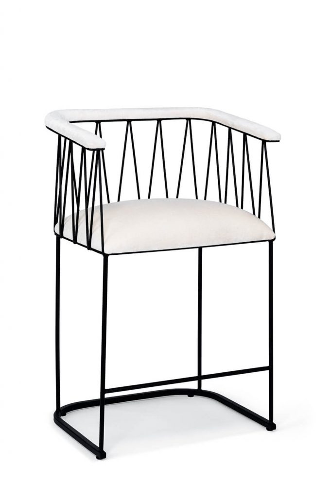 Wesley Allen's Ludwig Modern Unique Bar Stool with Arms, Padded Seat, and in Black Metal with White Seat Cushion