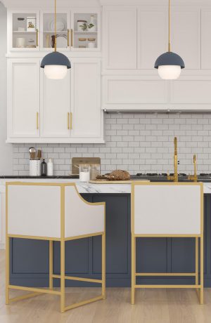 Wesley Allen's Mila Modern Stationary Bar Stool in Gold and White - In Modern Kitchen