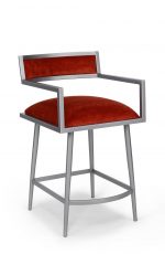 Wesley Allen's Zara Mid-Century Modern Bar Stool with Arms in Silver Metal and Red Seat/Back Cushion