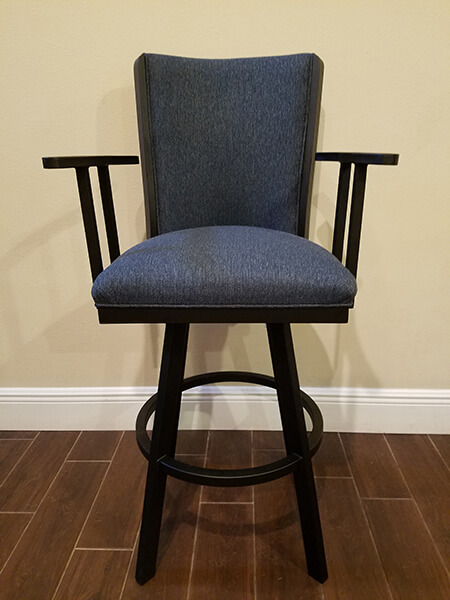 Wesley Allen's Humphrey Modern Flexback Swivel Bar Stool in Black Metal and Blue Seat and Back Cushion - With Arms