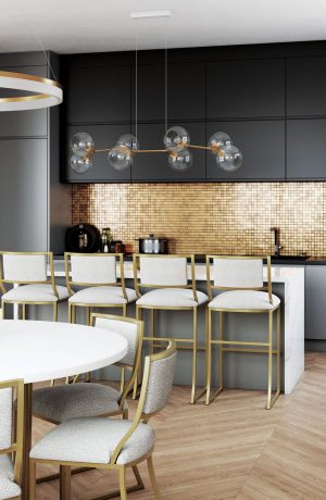 Wesley Allen's Ki Modern Gold Bar Stools in Black Kitchen