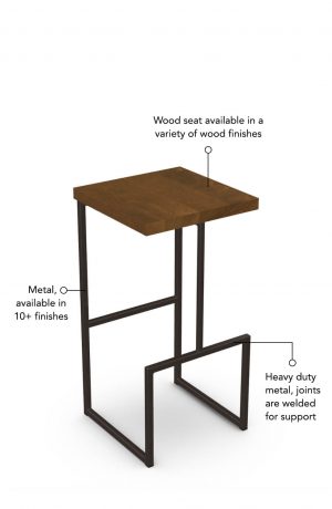 Wood seat is available in a variety of wood finishes and the metal has joints that are welded for support. This bar stool is custom made for you!