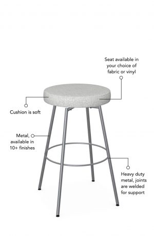 Soft seat cushion is available in fabric or vinyl, and the metal is welded at the joints for support. This bar stool is custom made for you!