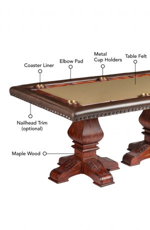 Customize the Barcelona by choosing your table felt color, elbow pad, metal cup holder color, maple wood finish, and nailhead trim (optional).