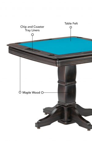 Featuring table felt, chip and coaster tray liners, and maple wood finish for the base and frame.