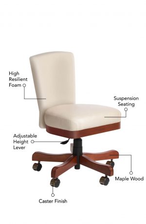 Featuring high resilient foam, suspension seating, adjustable height lever, maple wood, and caster finish.