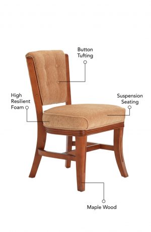Button-tufting, suspension seating, high resilient foam, and maple wood.