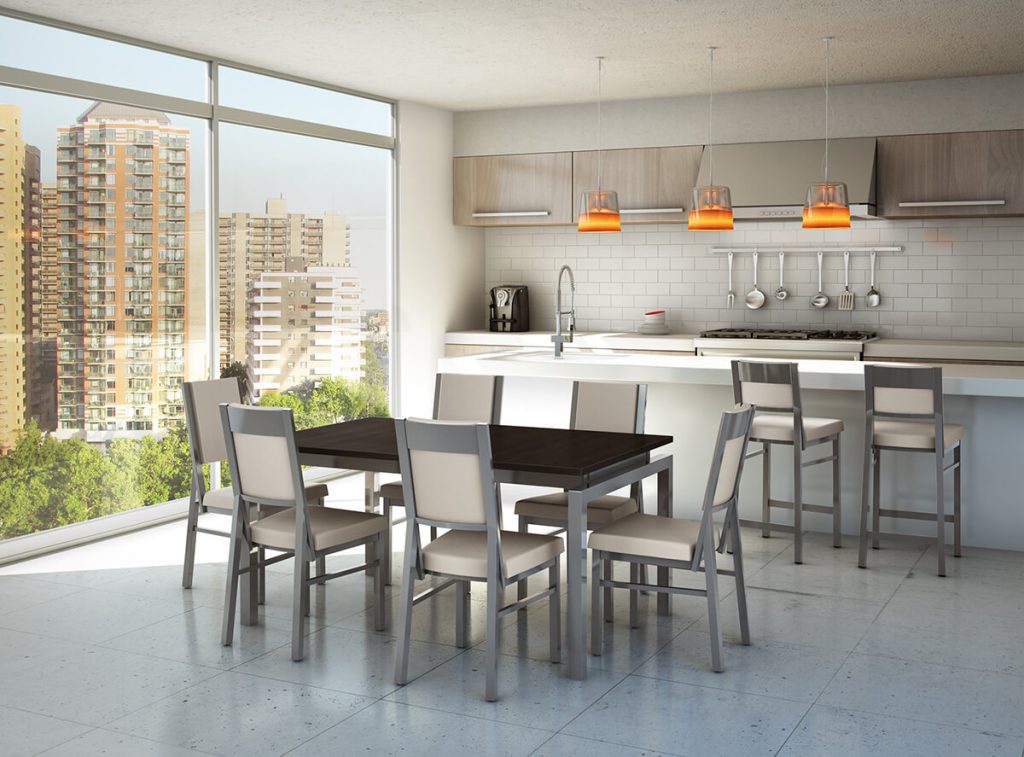 This designer matched the dining chairs to the bar stools with the same metal finish and fabric, creating a cohesive look.