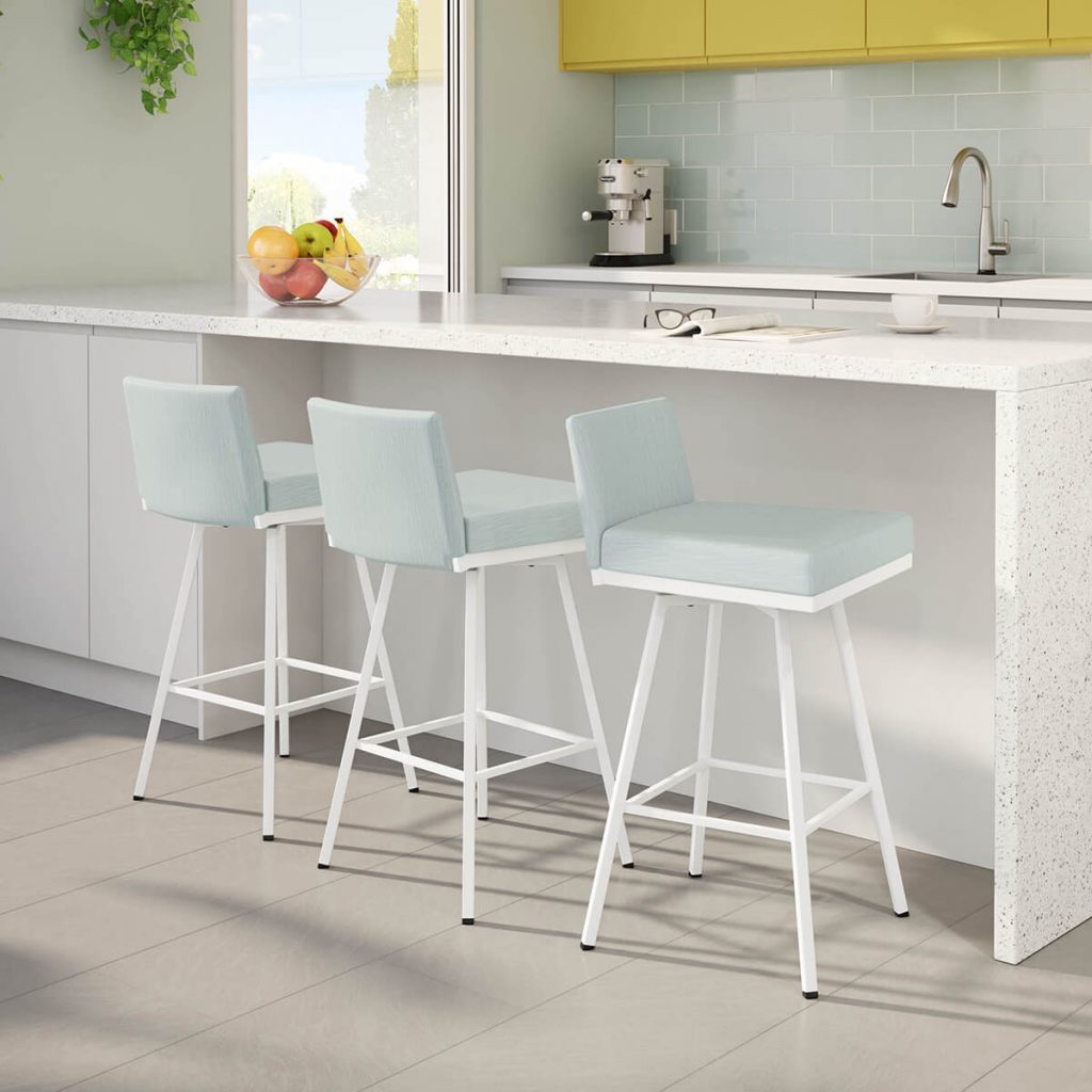 light blue bar stools with white metal frame at white kitchen island