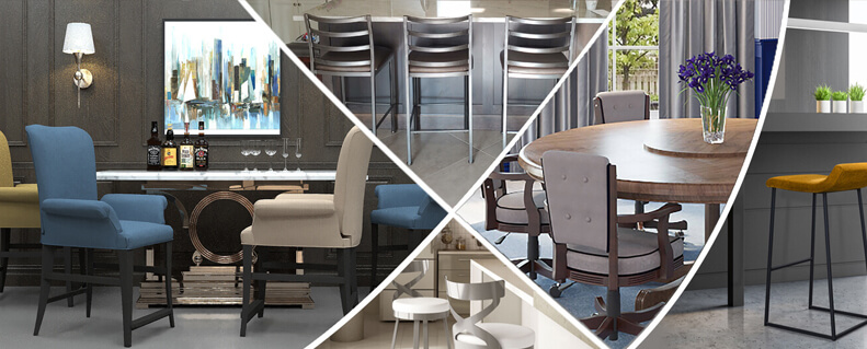 Featuring the Treviso stools (left), Benton stools (top), Lincoln stools (bottom), 960 chairs, and Zoey stools (right)