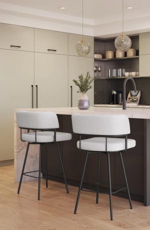 Amisco's Enya Black and White Low Back Swivel Bar Stools in Modern Kitchen
