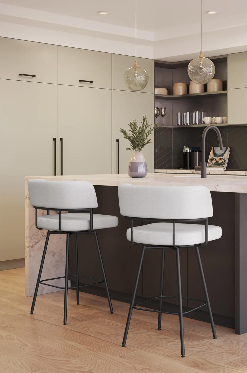 Amisco's Enya Black and White Low Back Swivel Bar Stools in Modern Kitchen