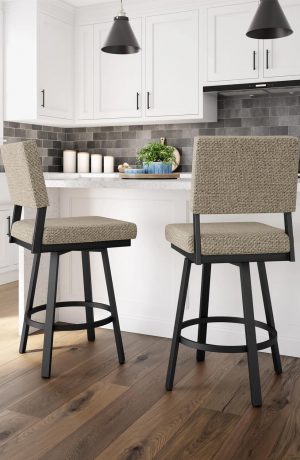 Amisco's Mathilde Black and Brown Swivel Bar Stool in White Kitchen