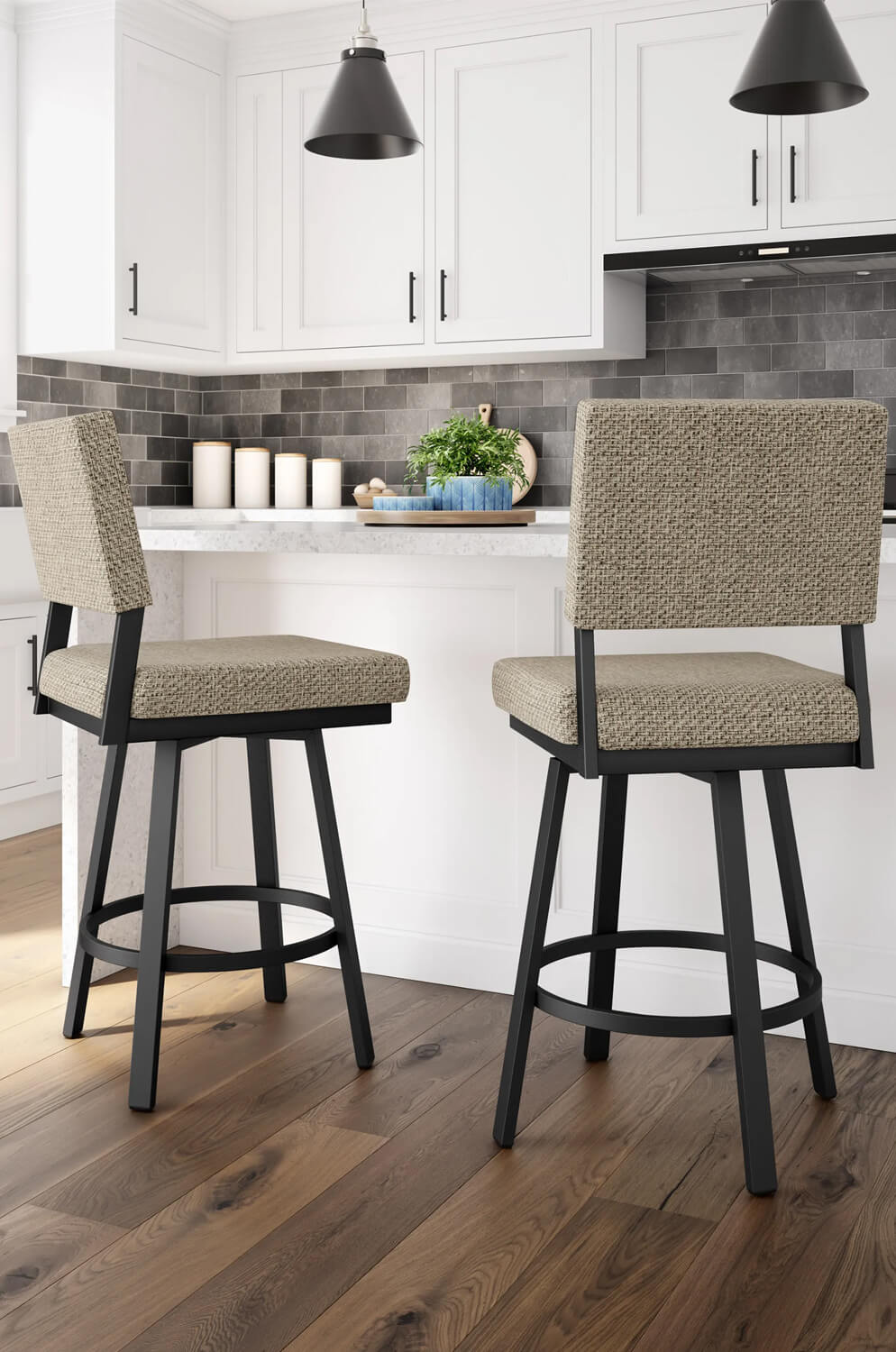 Amisco's Mathilde Black and Brown Swivel Bar Stool in White Kitchen
