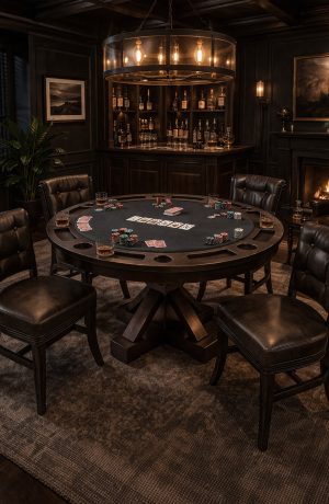 Darafeev's Trestle Black Poker Table Set with Leather Chairs